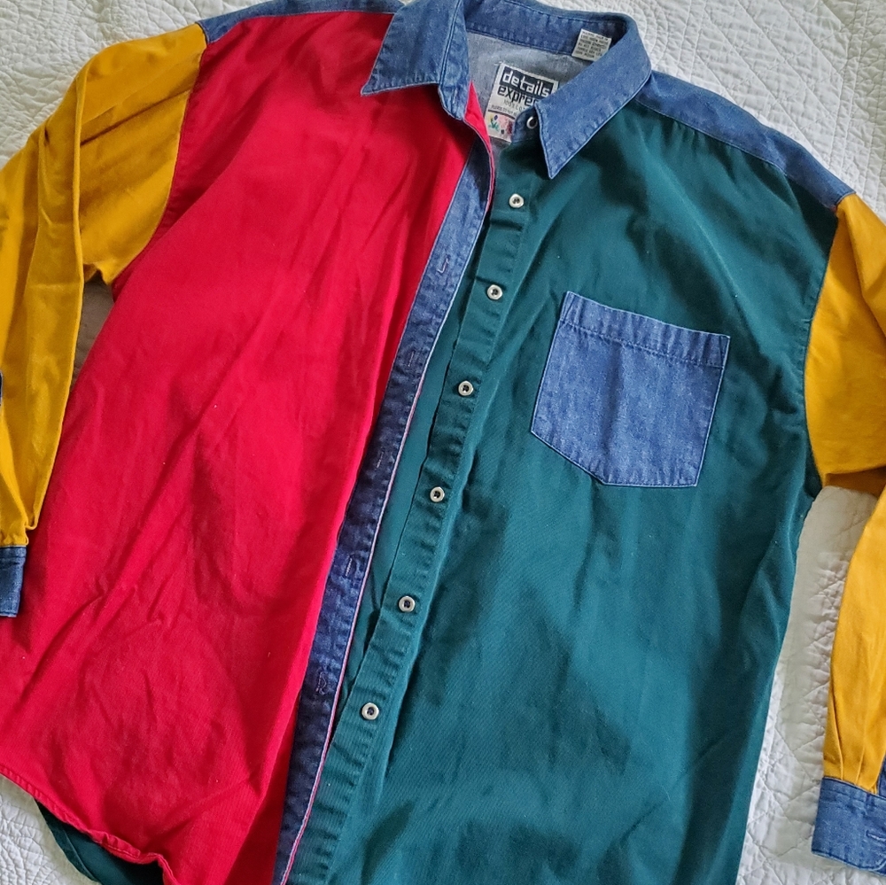 Vintage color block button down denim shirt